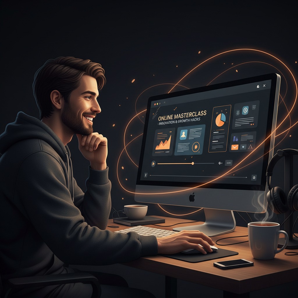 Mostre uma pessoa vendo um curso online pelo Computador aparentando está feliz com o que está assistindo, coloque um fundo escuro com as cores #0D0D0D de fundo e #FF6B00 bem sutil